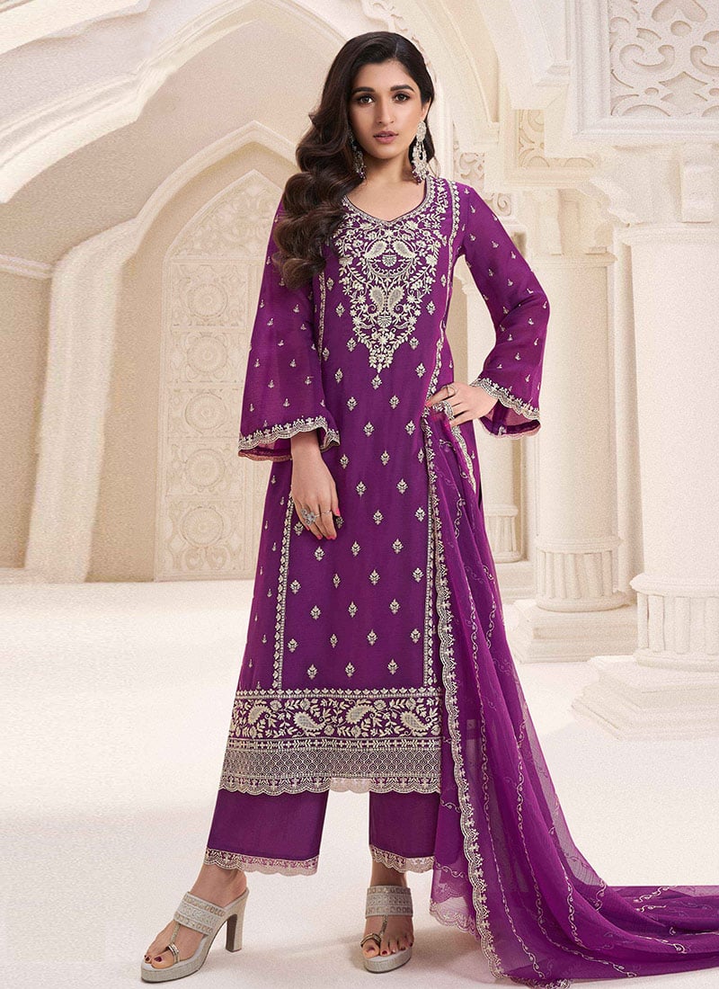 Nidhi Shah Purple Chiffon Embroidered Palazzo Suit Festive Wear