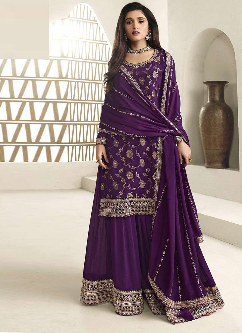 Nidhi Shah Purple Embroidered Sequins Jacquard Palazzo Suit Party Wear