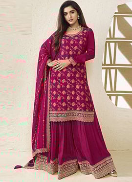 Nidhi Shah Rani Pink Embroidered Sequins Jacquard Palazzo Suit