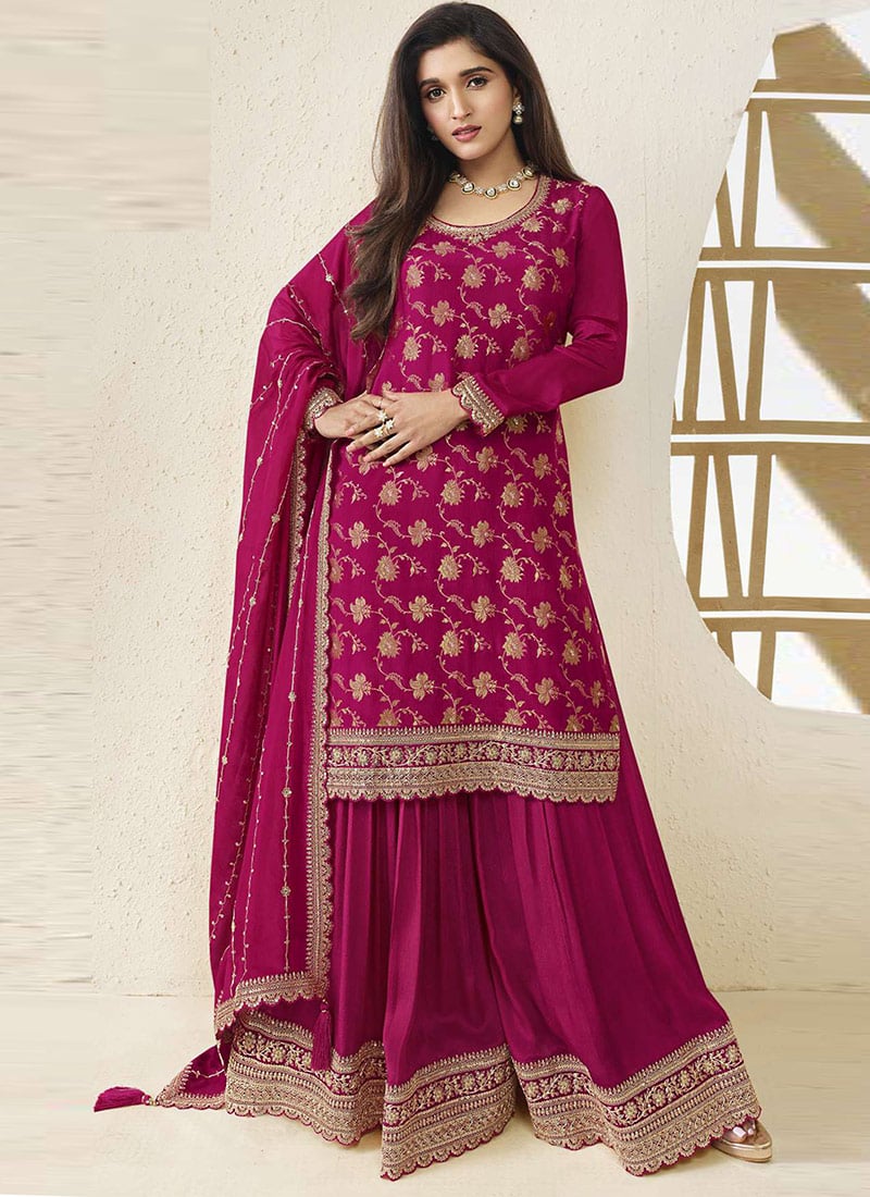 Nidhi Shah Rani Pink Embroidered Sequins Jacquard Palazzo Suit Party Wear