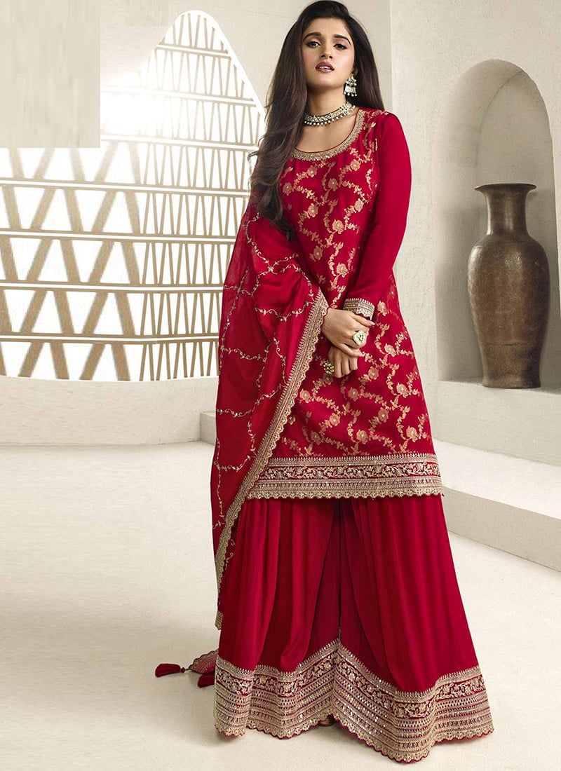 Nidhi Shah Rani Pink Embroidered Sequins Jacquard Palazzo Suit Party Wear