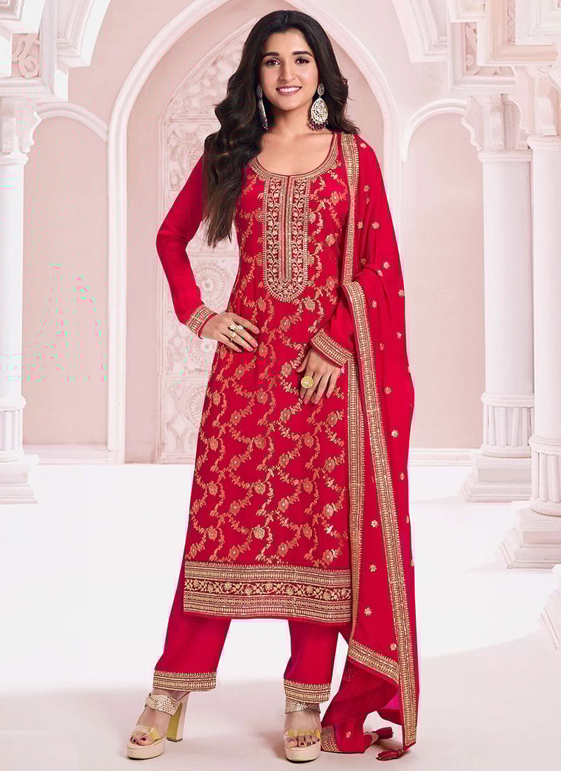 Nidhi Shah Red Jacquard Viscose Embroidered Sequins Straight Pant Suit Festive Wear