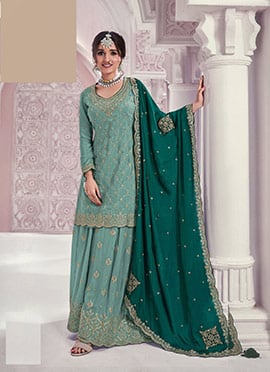 Nidhi Shah Teal Chinon Zari Embroidered Sequins Sharara Suit
