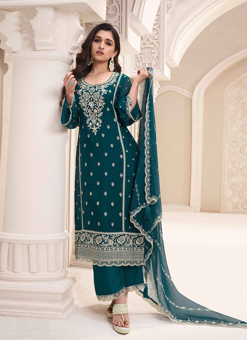 Nidhi Shah Teal Green Chiffon Embroidered Palazzo Suit Festive Wear