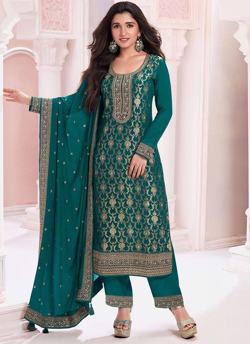 Nidhi Shah Teal Jacquard Viscose Embroidered Sequins Straight Pant Suit