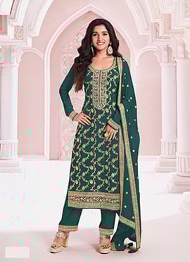 Nidhi Shah Teal Viscose Jacquard Zari Embroidered Sequins Pakistani Straight Pant Suit