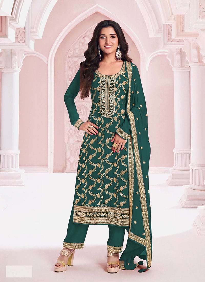 Nidhi Shah Teal Viscose Jacquard Zari Embroidered Sequins Pakistani Straight Pant Suit Festive Wear