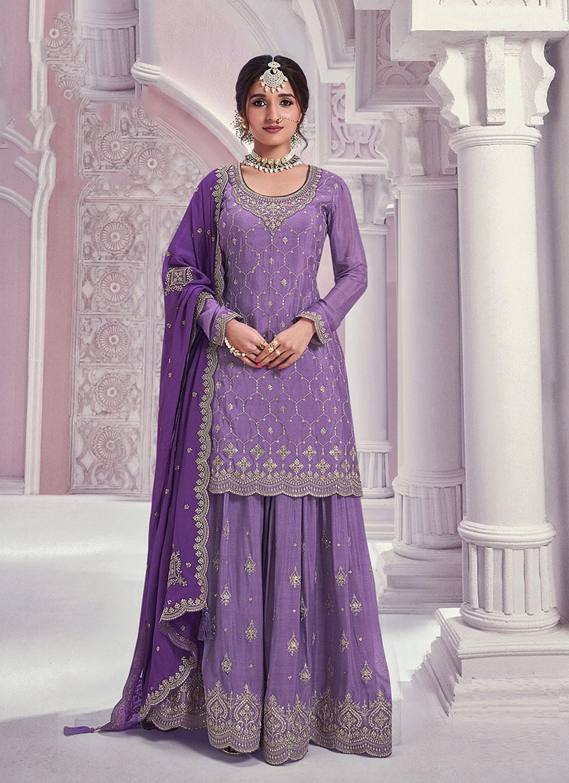Nidhi Shah Violet Chinon Zari Embroidered Sequins Sharara Suit Festive Wear