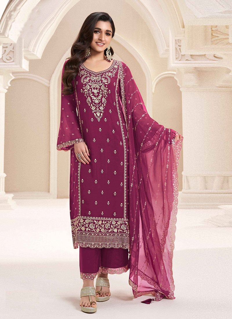 Nidhi Shah Wine Chiffon Embroidered Palazzo Suit Festive Wear