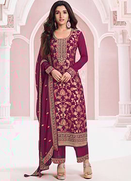 Nidhi Shah Wine Jacquard Viscose Embroidered Sequins Straight Pant Suit