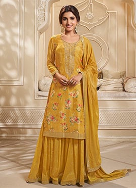 Nidhi Shah Yellow Dola Silk Jacquard Print Sharara Suit Pakistani Style