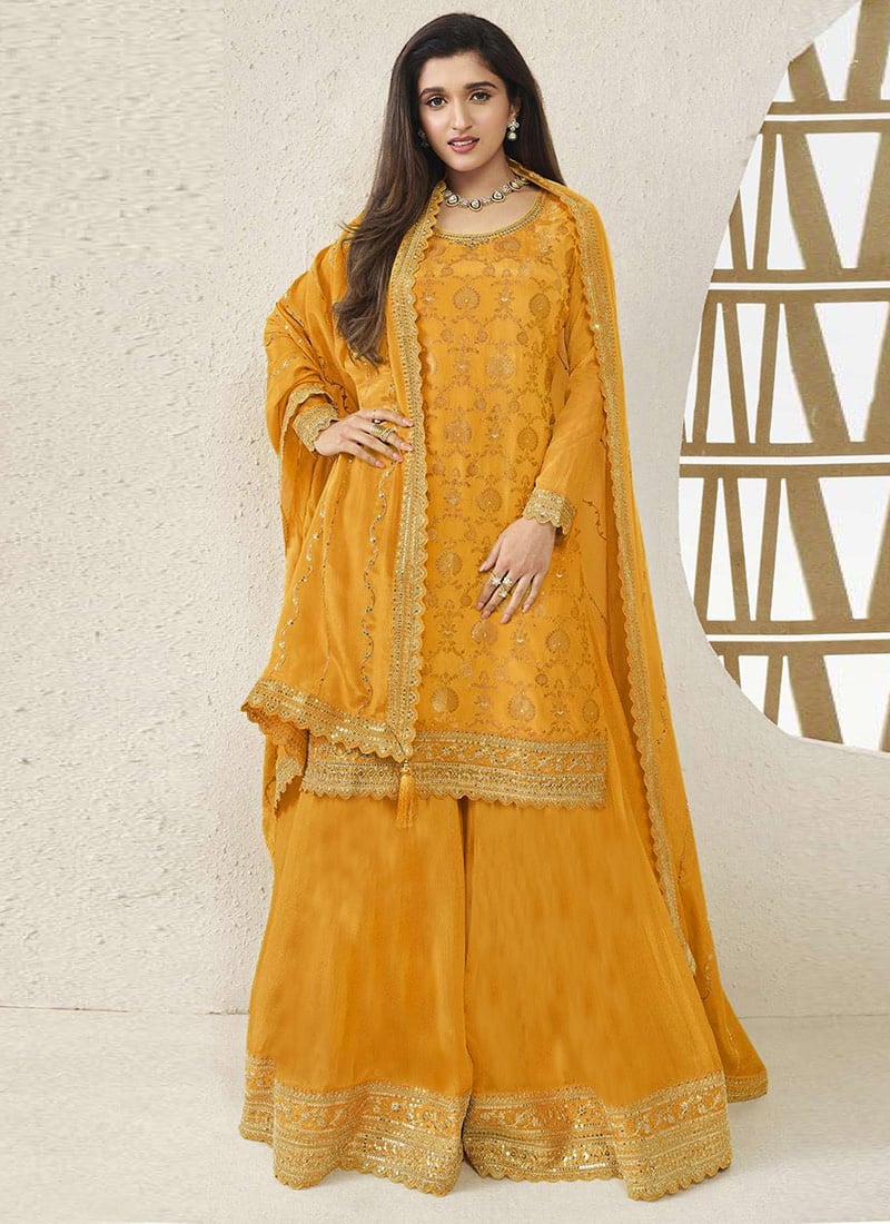 Nidhi Shah Yellow Embroidered Sequins Jacquard Palazzo Suit Party Wear