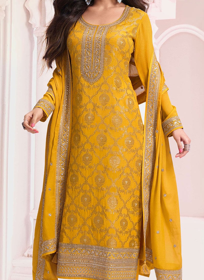 Yellow Pure Viscose Russian Silk Jacquard Pant Suit