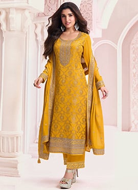 Nidhi Shah Yellow Jacquard Viscose Embroidered Sequins Straight Pant Suit