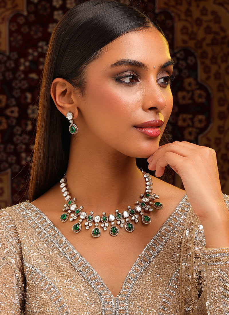 Noble Green Kundan Stones Necklace Wedding Wear