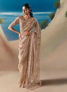 Nude Beige Fancy Silk Zari Embroidered Sequins With Beads Work Saree