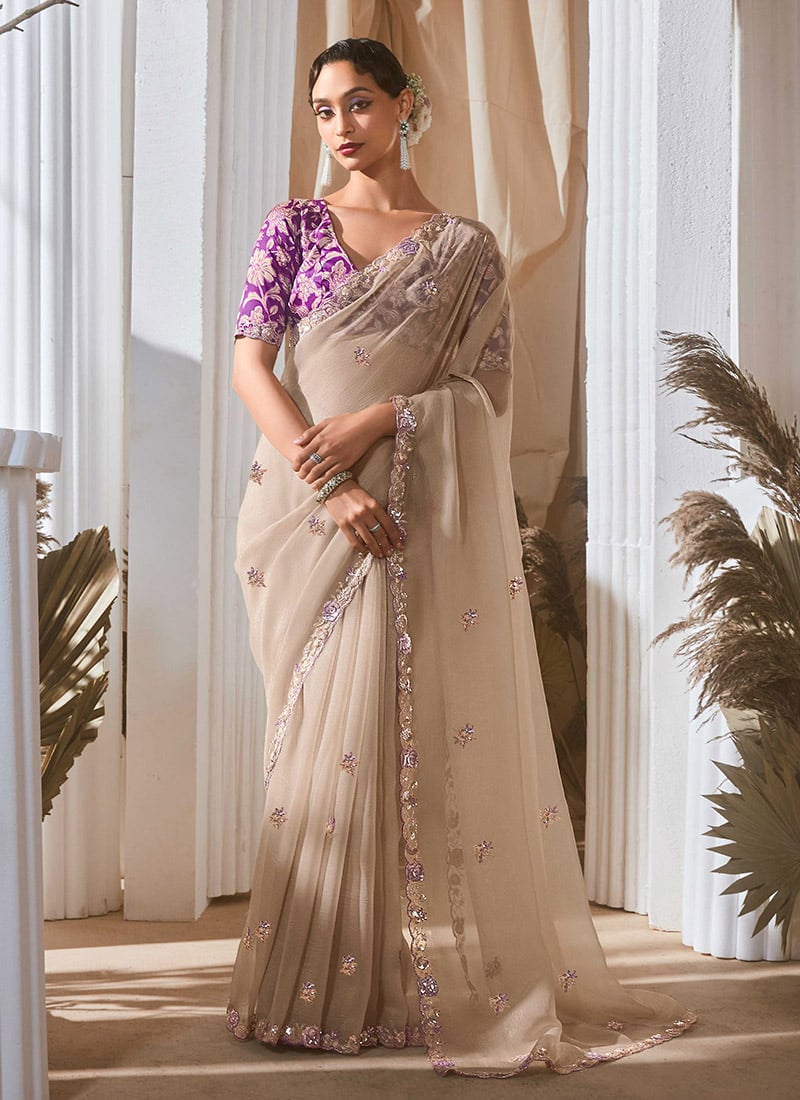 Nude Beige Tissue Embroidered Sequins Saree With Digital Print Blouse Festive Wear