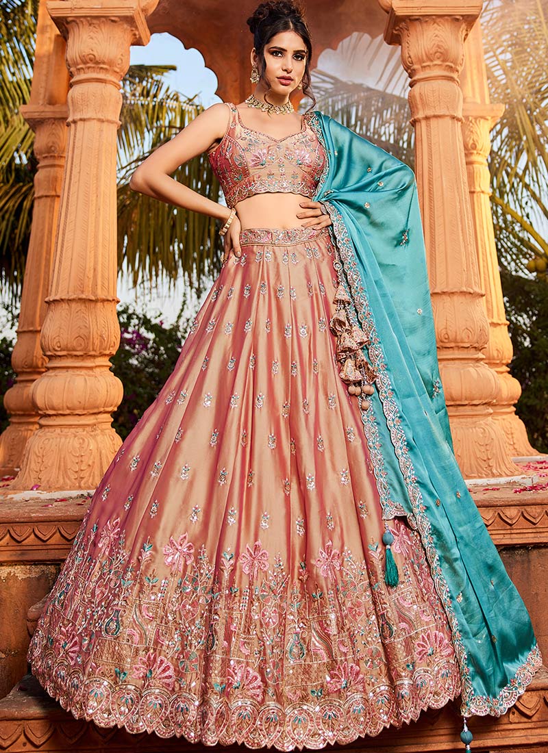 Nude Georgette Embroidered Sequins Lehenga Wedding Wear