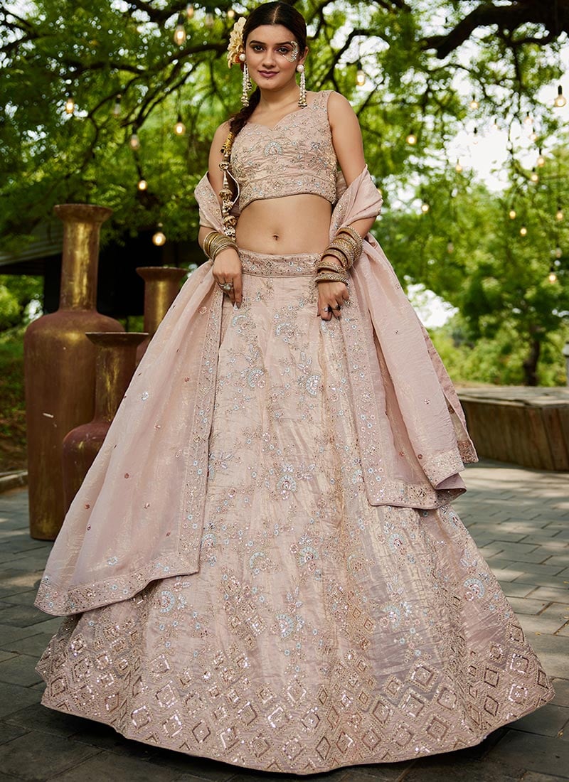 Nude Pink Tissue Embroidered Sequins Lehenga Wedding Wear