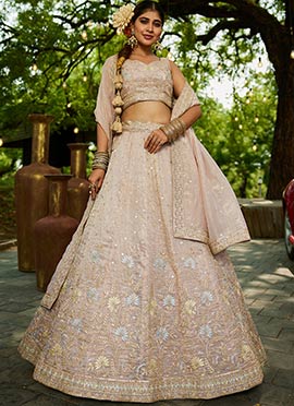 Nude Pink Tissue Sequins Embroidered Zari Lehenga Set Wedding Wear