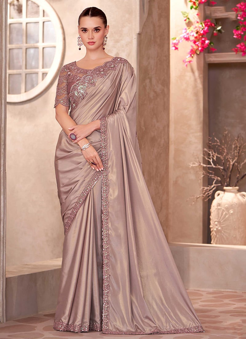 Nude Satin Embroidered Sequins Cut Work Saree