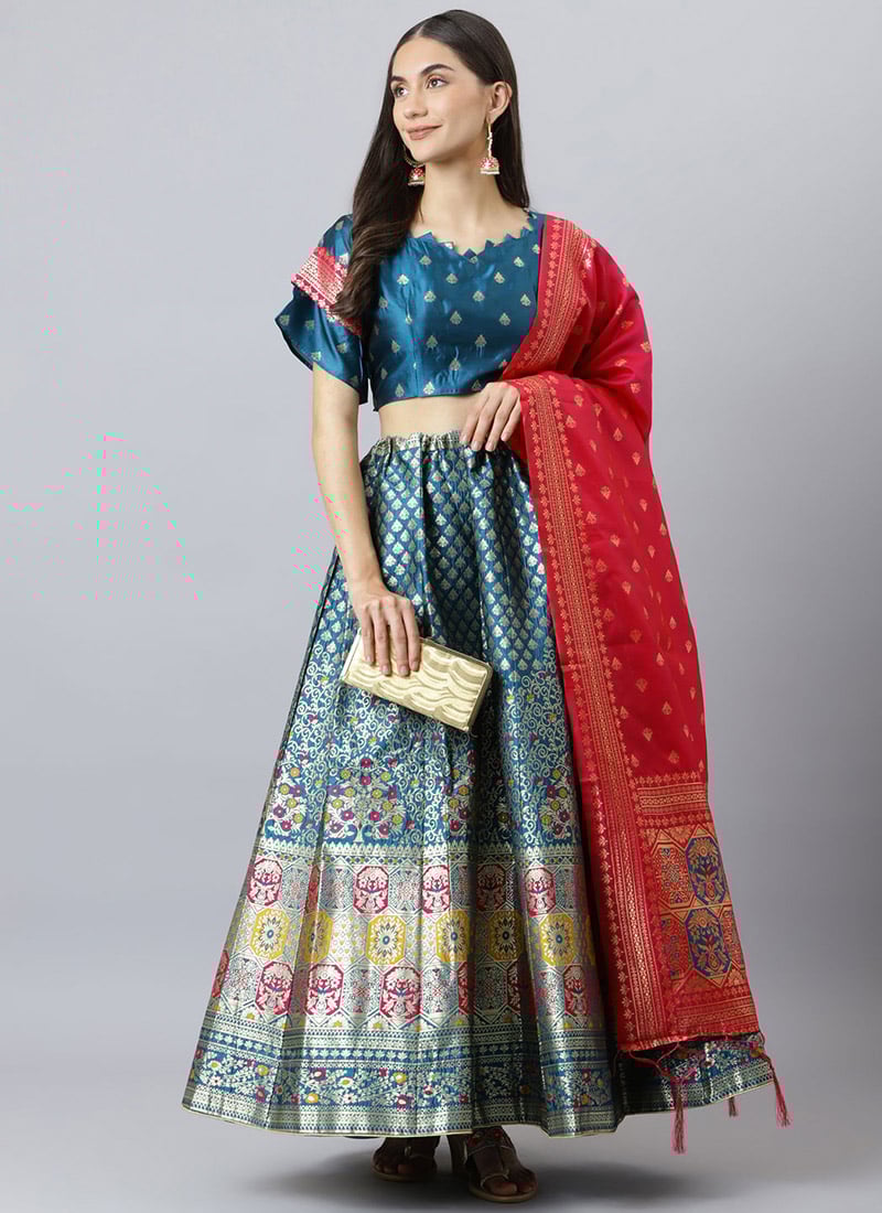 Ocean Blue Benarasi Silk Jacquard Woven Umbrella Lehenga  Festive Wear