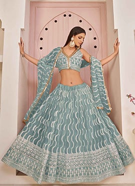 Ocean Blue Net Embroidered Umbrella Lehenga