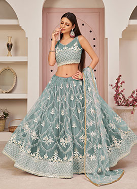 Ocean Blue Net Thread Embroidery Umbrella Lehenga