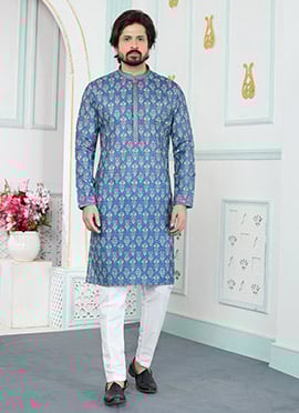 Ocean Blue Silk Refined Printed Kurta Pyjama