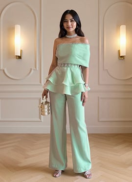 Ocean Green Organza Hand Embroidered Indowestern Palazzo Set