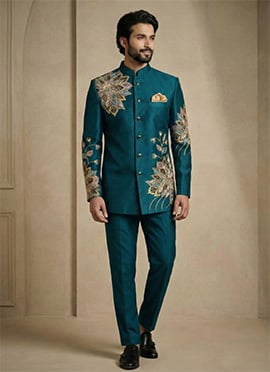 Ocean Teal Fandy Satin Silk Embroidered Bandhgala Suits