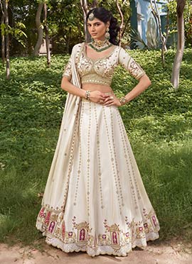 Off White  Tissue Zari Embroidered Sequins Stones Beads Work Lehenga