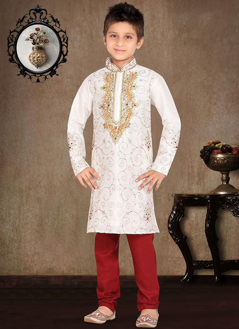 Off White Art Dupion Kids Kurta Pyjama