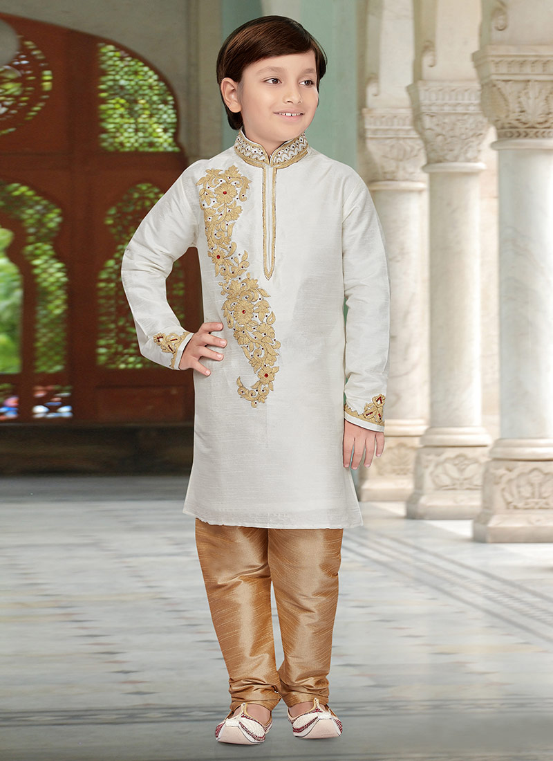 Off White Art Dupion Silk Teens Kurta Pyjama