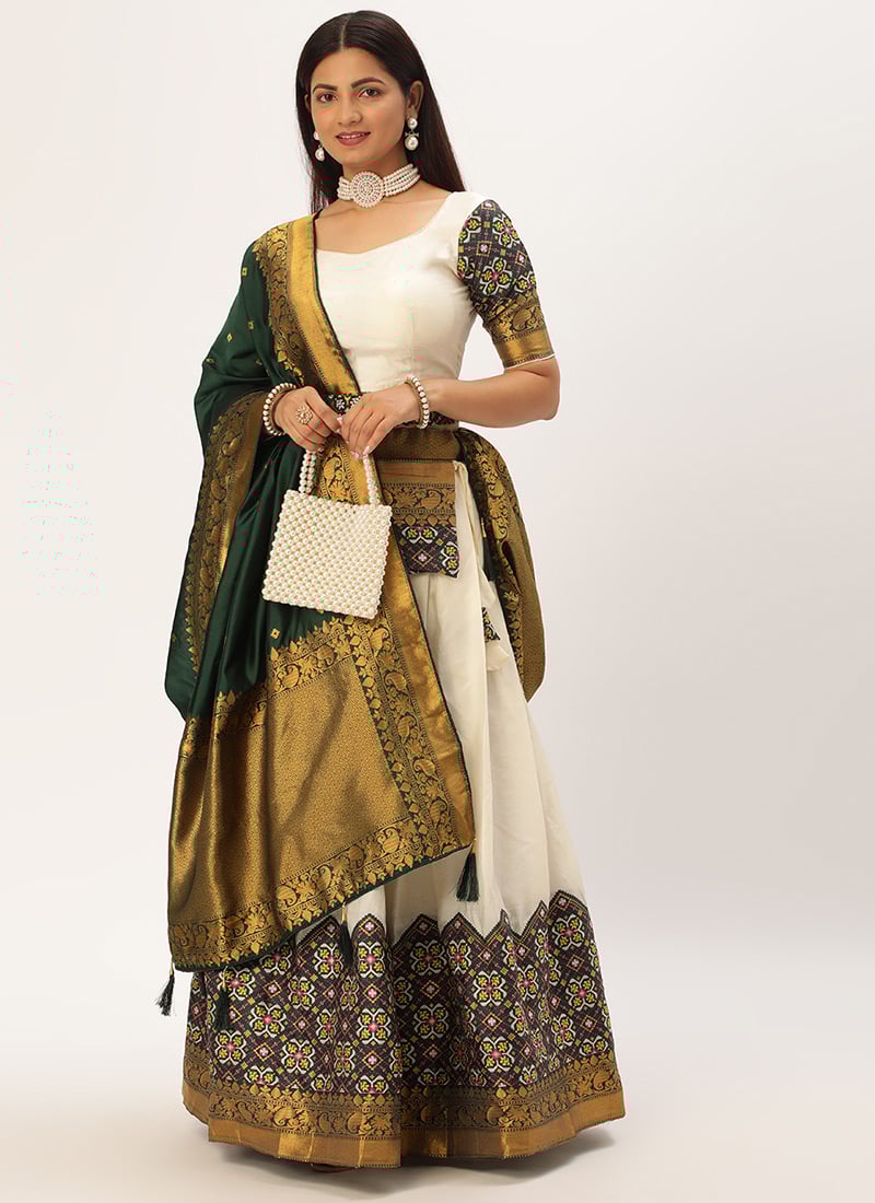 Off White Art Silk Benarasi Jacquard A Line Lehenga