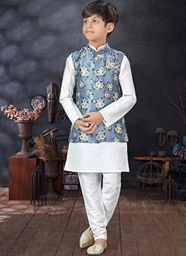 Off White Art Silk Dupion Kids Boys Bandi Set