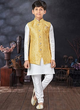 Off White Art Silk Dupion Kids Boys Bandi Set