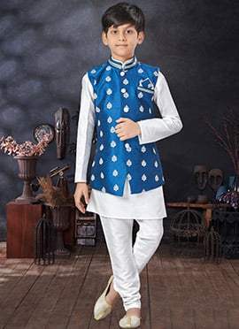 Off White Art Silk Dupion Kids Boys Bandi Set