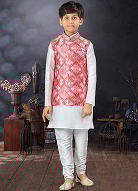 Off White Art Silk Dupion Kids Boys Bandi Set