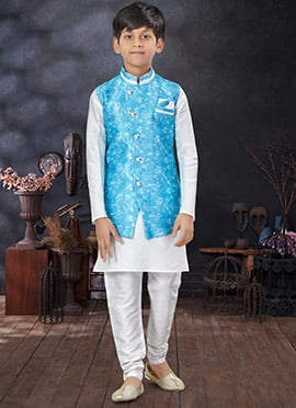 Off White Art Silk Dupion Kids Boys Bandi Set