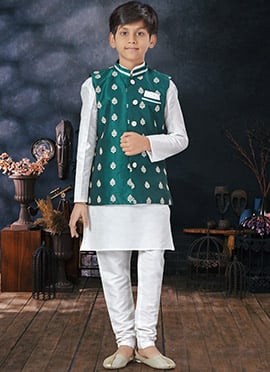 Off White Art Silk Dupion Kids Boys Bandi Set