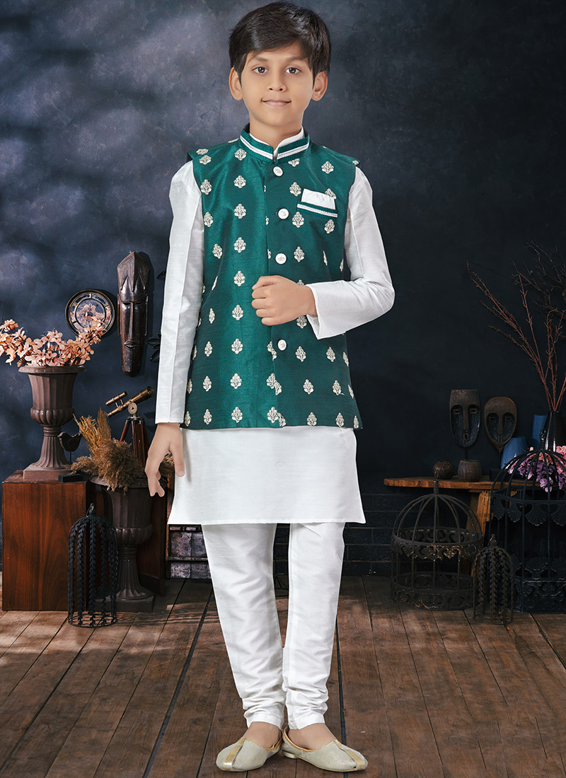 Off White Art Silk Dupion Kids Boys Bandi Set Party Wear
