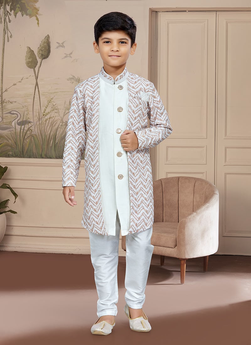 Off White Art Silk Embroidered Indowestern Sherwani For Boys Festive Wear