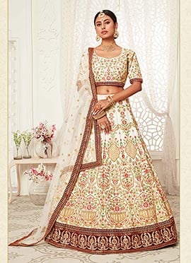 Off White Art Silk Embroidered N Sequins Work Umbrella Lehenga