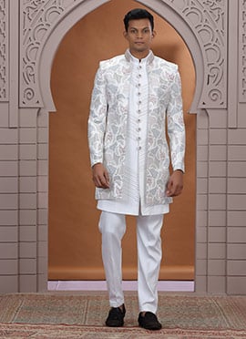 Off White Art Silk Embroidered Sequins Indowestern Sherwani