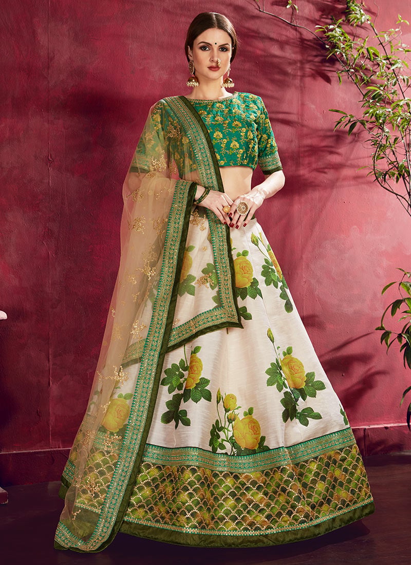 Off White Art Silk Embroidered Work Umbrella Lehenga Party Wear