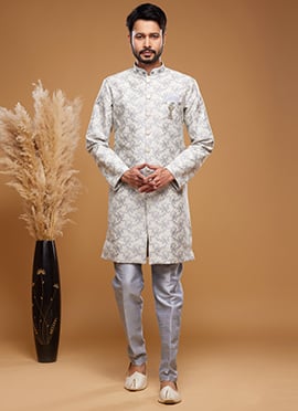 Off White Art Silk Jacquard Classic Sherwani