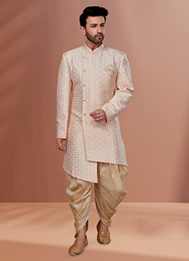 Off White Art Silk Jacquard N Printed Indowestern Sherwani