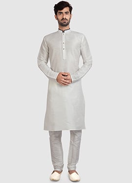 Off White Art Silk Kurta Pyjama