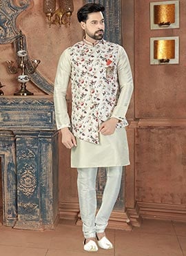 Off White Art Silk Kurta Pyjama
